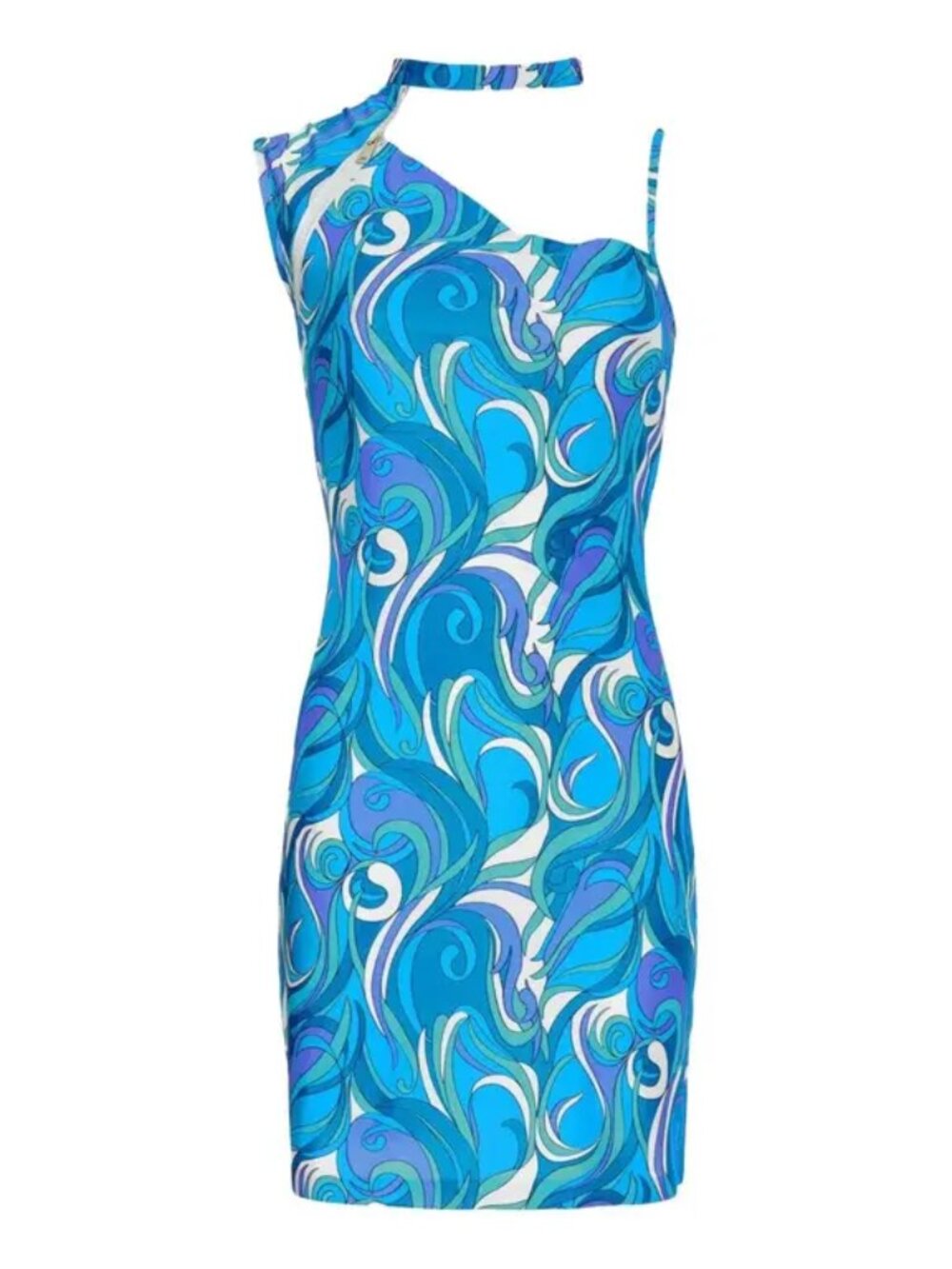 Coperni Mini Dress Asymmetric Neck in Blue Mod Retro Swirl - Cocktail Party Sz 6